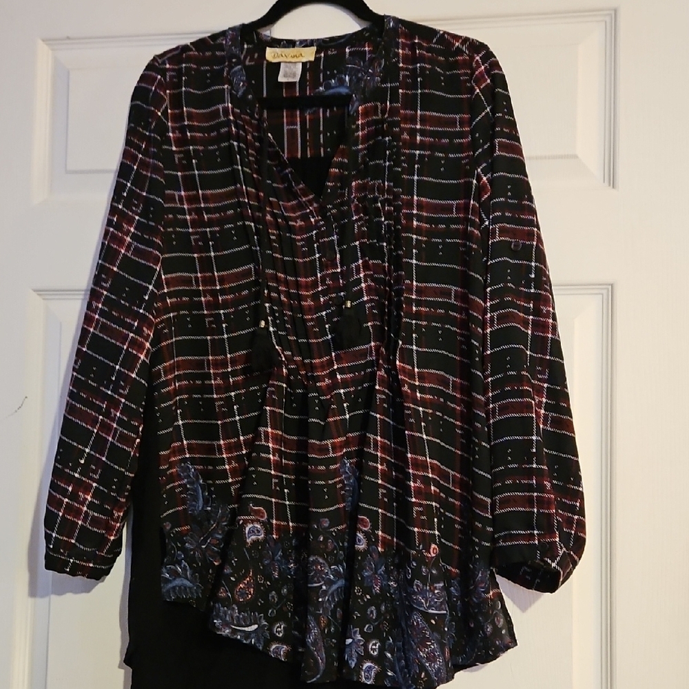 Chico's Black and White Relaxed Blouse with Mandarin Collar